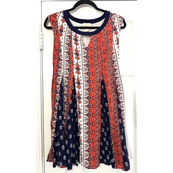 Maeve ANTHROPOLOGIE Canadice Red White Blue Patchwork Paisley Swing Dress XXSP - Picture 2 of 6